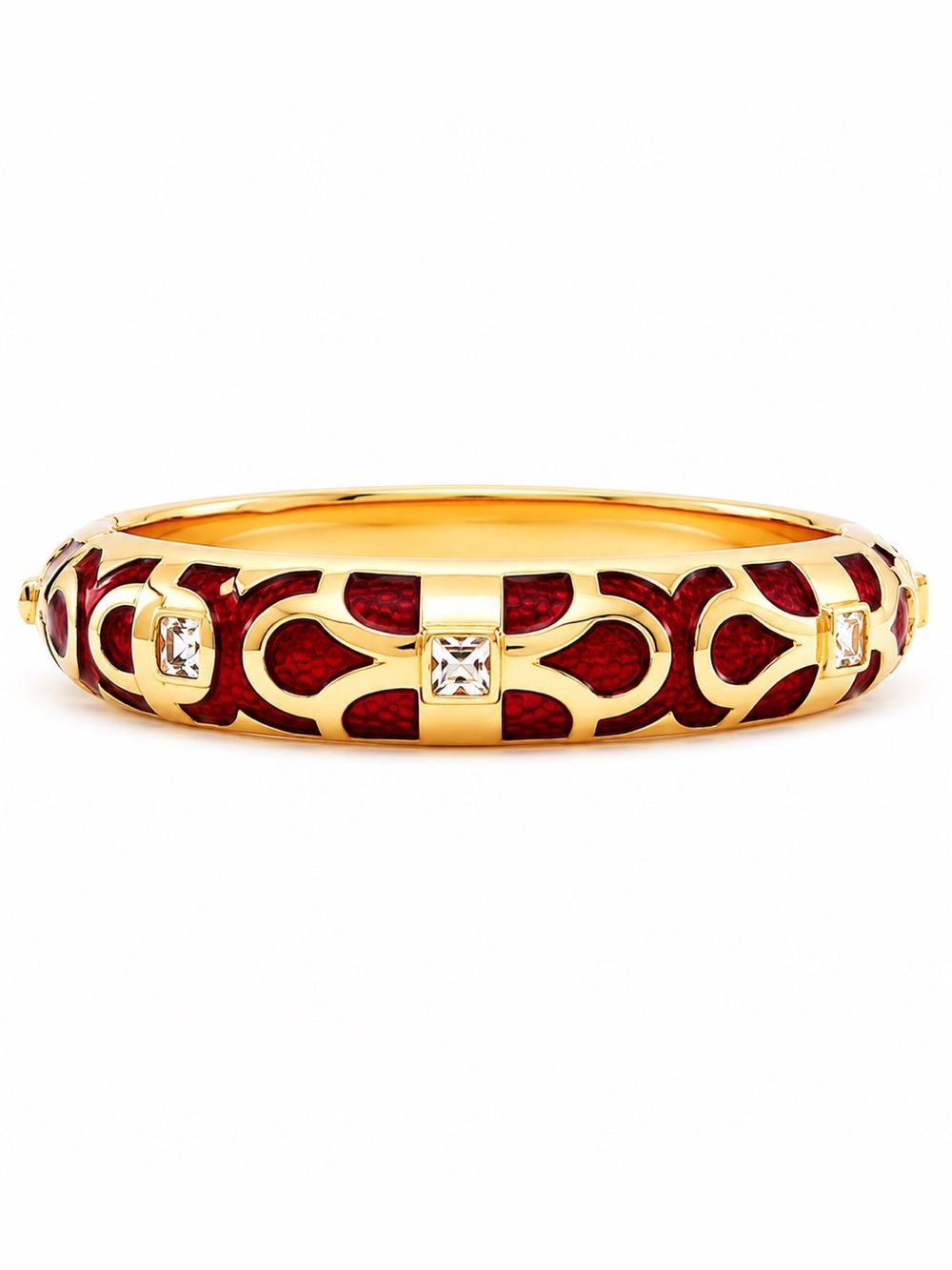 Gold Tone Red Crystal Hinged Bangle Bracelet Geometric Statement Cuff